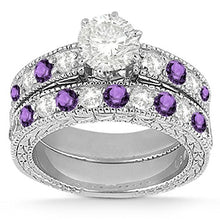 Load image into Gallery viewer, Antique Band Bridal Set Diamond and Amethyst Engagement Ring and Band 18k White Gold (1.80ct
