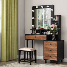 Load image into Gallery viewer, Tribesigns Vintage Vanity Table with Lighted Mirror, Vintage Makeup Dressing Table with Large Drawer and 3-Drawer Chest, Dresser Table for Women (Brown, Stool NOT Included) (Brown/Black)
