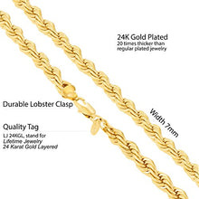 Load image into Gallery viewer, Lifetime Jewelry 7mm Rope Chain Necklace 24k Real Gold Plated for Men &amp; Women (Gold, 26)
