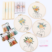 Load image into Gallery viewer, REEWISLY 4 pcs of Embroidery Starter kit with Patterns and Instructions, DIY Adult Beginner Cross Stitch Kits, Including 2 Plastic Embroidery Rings, 1 Pair of Scissors, Colored Threads and Needles
