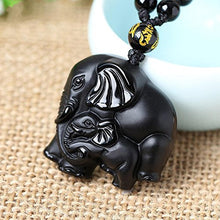 Load image into Gallery viewer, Handmade natural obsidian auspicious wealthy mother elephant jade pendant necklace
