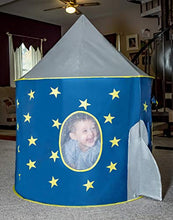 Load image into Gallery viewer, FoxPrint Rocket Ship Tent - Space Themed Pretend Play Tent - Space Play House - Spaceship Tent for Kids - Foldable Pop Up Star Play Tent Blue
