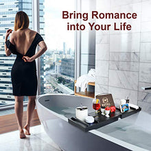 Load image into Gallery viewer, ROYAL CRAFT WOOD Luxury Bamboo Bathtub Caddy Tray with Book and Wine Holder - One or Two Person Bath and Bed Tray with Extending Sides - Free Soap Dish (Black)
