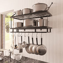 Load image into Gallery viewer, KES 30-Inch Kitchen Pot Rack - Mounted Hanging Rack for Kitchen Storage and Organization- Matte Black 2-Tier Wall Shelf for Pots and Pans with 12 Hooks - KUR215S75B-BK
