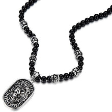 Load image into Gallery viewer, COOLSTEELANDBEYOND Gothic Style Mens Black Onyx Beads Necklace with Stainless Steel Lion Head Shield Pendant
