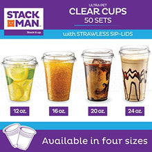 Load image into Gallery viewer, Stack Man 12 oz. Clear Cups with Strawless Sip-Lids, [50 Sets] PET Crystal Clear Disposable 12oz Plastic Cups with Lids
