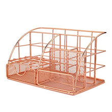 Load image into Gallery viewer, Yarlung Mesh Rose Gold Desk Organizer with 5 Compartments and Sliding Drawer, Multifunctional Office Supplies Holder, Desk Accessories Collection for Women and Men
