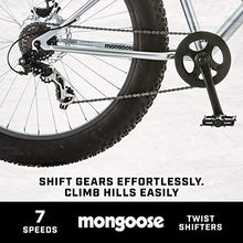 Load image into Gallery viewer, Mongoose Malus Adult Fat Tire Mountain Bike, 26-Inch Wheels, 7-Speed, Steel Frame, Mechanical Disc Brakes, Silver with Black Rims
