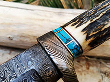 Load image into Gallery viewer, Black Mamba Knives BMK-111 Persian Yuma 9.5 Long 4.5 Blade 7 Ounce Damascus Hunting Fixed Blade Knife With Stag Antler and Turquoise Spacers
