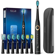 Load image into Gallery viewer, Fairywill Sonic Electric Toothbrush for Adults and Kids, ADA Accepted Whitening Clean, 8 Dupont Brush Heads &amp; Travel Case, Soft Bristles, 5 Modes USB Rechargeable, 2 Mins Smart Timer 40,000 VPM Black
