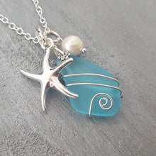 Load image into Gallery viewer, Handmade in Hawaii, Wire Wrapped Turquoise Bay blue sea glass necklace, Starfish charm, freshwater pearl, (Hawaii Gift Wrapped, Customizable Gift Message)
