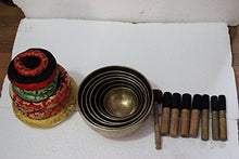 Load image into Gallery viewer, Chakra Healing Tibetan Singing Bowls Set of 7 pieces ~ Hand Hammered Himalayan Meditation Bowls ~ 5"-10" ~ included 7 Mallets, 7 cushions &amp; 1 drum stick. Handmade in Nepal by Thamelmart
