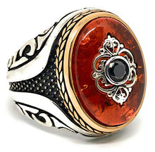 Load image into Gallery viewer, MEVA 925k Stamped Sterling Silver Carved Design Red Agate (aka Aqeeq) and Black Onyx Stone Men's Ring RKB0015 (10)
