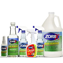 Load image into Gallery viewer, ZORBX Odor Eliminator Mega Bundle | Odor Remover (128 Oz), Spray Bottle (16 Oz), Value Pack (Pack of 3) and Pet Urine Odor &amp; Stain Remover (24 Oz).
