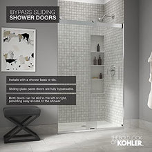 Load image into Gallery viewer, KOHLER Levity® Sliding Shower Door, 74-in H X 56-5/8 -59-5/8-in W, with 1/4-in Thick Crystal Clear Glass with towel bars, Matte Nickel
