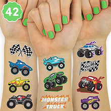 Load image into Gallery viewer, xo, Fetti Monster Truck Party Supplies Temporary Tattoos - 42 Metallic Styles | Trucks, Big Cars, Finish Lines + Flames
