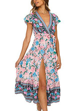 Load image into Gallery viewer, TEMOFON Women's Wrap Dresses Bohemian Floral Printed Summer Casual Short Sleeve V-Neck High Split Maxi Dress Wine Red S

