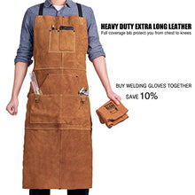 Load image into Gallery viewer, QeeLink Leather Welding Apron - Heat &amp; Flame-Resistant Heavy Duty Work Forge Apron with 6 Pockets, 42" Large &amp; Cross Back Extra Long Strap, Adjustable M to XXXL for Men &amp; Women (Brown)
