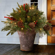 Load image into Gallery viewer, National Tree Company 'Feel Real' Pre-lit Artificial Christmas Urn Filler | Flocked with Mixed Decorations and Pre-strung LED Lights with Stand | Colonial - 18 Inch
