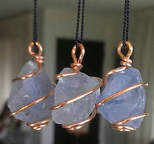Load image into Gallery viewer, Celestite Necklace! 19" Celestite Spiral Wrapped Copper Jewelry! Rare Crystal Pendant on an 18" inch Natural Silk Chain. Ocean Blue Madagascar Celestite AKA Celestine. Metaphysical Crystal Jewelry.
