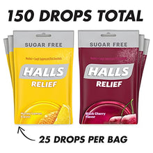 Load image into Gallery viewer, HALLS Relief Variety Pack Honey Lemon and Black Cherry Sugar Free Cough Drops, 6 Packs of 25 Drops (150 Total Drops)
