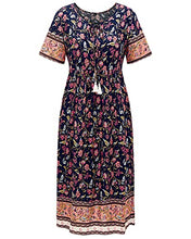Load image into Gallery viewer, Arach&amp;Cloz Women's Boho Tie Neck Printed Short Sleeve Floral Summer Loose Tassels Casual Midi Dress with Pockets (Floral03,XL)
