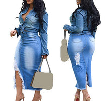 Load image into Gallery viewer, Voghtic Sexy Plus Size Blue Denim Skirt Distressed Ripped High Waisted Bodycon Midi Skirts with Slit
