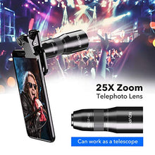 Load image into Gallery viewer, Phone Camera Lens, NOVPOT Pro Phone Lens Kit, 25X Zoom Telephoto Lens, 0.45X Wide Angle Lens &amp; 15X Macro Lens Compatible with iPhone,iPad,Most Android Phones and Smartphones with Tripod
