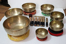 Load image into Gallery viewer, Chakra Healing Tibetan Singing Bowls Set of 7 pieces ~ Hand Hammered Himalayan Meditation Bowls ~ 5"-10" ~ included 7 Mallets, 7 cushions &amp; 1 drum stick. Handmade in Nepal by Thamelmart
