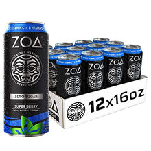 Load image into Gallery viewer, ZOA Zero Sugar Energy Drinks 16 Fl Oz, Super Berry (Pack of 12) - 160mg Natural Caffeine, Supports Healthy Immunity, Boosts Focus &amp; Hydration

