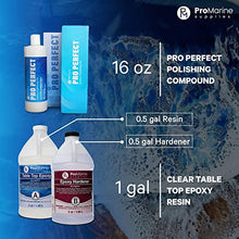 Load image into Gallery viewer, Pro Marine Supplies Clear Table Top Epoxy Resin (1 Gallon Kit) Bundle With Pro Perfect | UV Resistant and Self-leveling Resin | Resin Polishing Compound | For River Tables, Woodworking, Jewelry &amp; More
