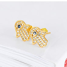 Load image into Gallery viewer, Yellow Gold/White Gold Plated Evil Eye and Hamsa Hand of Fatima White Blue Cubic zircon crystal Stud Earrings For Women Teen Girls (Yellow Gold)

