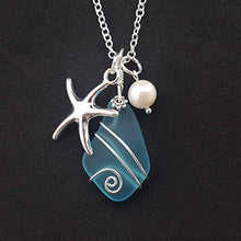 Load image into Gallery viewer, Handmade in Hawaii, Wire Wrapped Turquoise Bay blue sea glass necklace, Starfish charm, freshwater pearl, (Hawaii Gift Wrapped, Customizable Gift Message)
