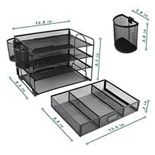 Load image into Gallery viewer, FancoYard Desk Organizers Set, Mesh Office Supplies Paper File Organizer for Desk with Pen Holder, Notebook, Pencil Storage Accessories with 4 Trays + Sliding Drawer, Black
