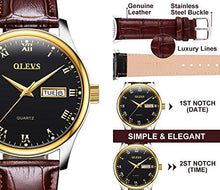 Load image into Gallery viewer, OLEVS Couples Leather Watches for Men and Women Lover Wedding Gifts Set of 2,His and Hers Business Casual Dress Black Dial Day Date Analog Quartz Wrist Watch Waterproof Luminous with Retro Band Brown
