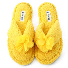 Load image into Gallery viewer, Millffy Plush Cozy Faux Shearling Thong Slide On Sherpa Womens Flip-Flops Slippers with Flowers (US 5-6,Amber Yellow)
