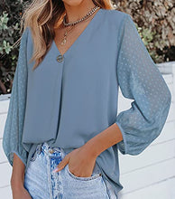 Load image into Gallery viewer, Bebonnie Work Clothes for Women Office,Juniors Blouses for Women 2022 Fashion 3/4 Balloon Sleeve Causal Summer Fall V Neck Chiffon Feminine Elegant Blouses &amp; Button-Down Shirts Blue Grey Large
