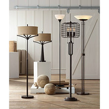 Load image into Gallery viewer, Tremont Mid Century Modern Floor Lamp Deep Bronze Tan Burlap Drum Shade for Living Room Reading Bedroom Office - Franklin Iron Works
