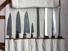 Load image into Gallery viewer, CHEF'S SATCHEL Handmade Leather Chef Knife Bag | Chef Knife Roll - 8 Pockets durable Tan Leather | Kitchen knife storage | Latest design knife bag with shoulder strap | Wholesale knife bags
