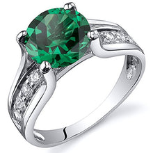 Load image into Gallery viewer, Peora Simulated Emerald Cathedral Ring in Sterling Silver, Solitaire Round Shape, 8mm, 1.75 Carats total, Comfort Fit Size 5
