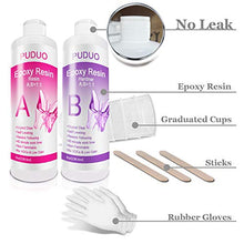 Load image into Gallery viewer, Epoxy-Resin-Crystal-Clear-Kit for Art, Jewelry, Crafts，Coating- 16 OZ Including 8OZ Resin and 8OZ Hardener | Bonus 4 pcs Measuring Cups, 3pcs Sticks, 1 Pair Rubber Gloves by PUDUO
