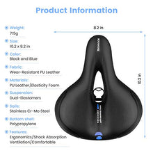 Load image into Gallery viewer, SGODDE Comfortable Bike Seat- Replacement Wide Bicycle Saddle Memory Foam Padded Soft Bike Cushion with Dual Shock Absorbing Rubber Balls Universal Fit for Indoor/Outdoor Bikes with Reflective Strip
