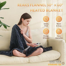 Load image into Gallery viewer, Reaks Heated Electric Blanket Throw - 50" x 60", with 4 Fast Heating Levels &amp; 3 Hours Auto Off, Soft Flannel Heating Blankets for Home Office, UL&amp;FCC Certification, Machine Washable, Dark Grey
