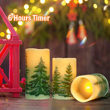 Load image into Gallery viewer, Rocinha Christmas Flameless Candles with Timer Battery Operated Flickering Candles Set of 3 Real Wax Christmas Pillar Candles with Christmas Tree Printing
