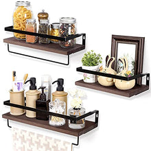 Load image into Gallery viewer, AOZITA 10 OZ Qtip Holder Dispenser for Cotton Ball, Cotton Swab, Cotton Round Pads, Floss - 4 Pcs &amp; 3 Set Pre-Installed Floating Shelves, Wall Mounted Storage Wood Shelf with Towel Rack, Brown
