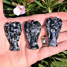 Load image into Gallery viewer, Zenergy Gems Selenite Charged Hand Carved Natural 2" Mystic Indigo Gabbro Crystal Guardian Pocket Angel + Selenite Pocket Puffy Heart Charger [Included]
