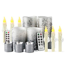 Load image into Gallery viewer, FURORA LIGHTING Silver Glitter Flameless Candles Battery Operated, Remote Controlled Pillar Candles and Votive Candles Bundle with 6 Pack Flickering Taper Candles Battery Operated with Timer
