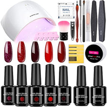 Load image into Gallery viewer, PsampaGel Nail Polish Kit with UV Light, 5 Colors Gel Nail Kit for Starter and Professional, Gel Polish Kit Sparkly Glitters, Manicure Gel Kit with Base and Top Coat(Red)
