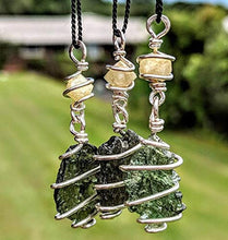 Load image into Gallery viewer, MOLDAVITE &amp; RHODIZITE NECKLACE Wire Wrap 925 Silver on a 19" Durable Black Silk Chain! Metaphysical Reiki Healing Energy Genuine Czech Synergy 12 Crystal Pendant Tektite!

