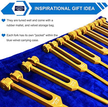 Load image into Gallery viewer, Chakra Tuning Forks Set for Healing, 7 Chakra+1 Soul Purpose Weighted Tuning Forks with Rubber Mallet,Velvet Storage bag, Aluminum Alloy, Golden,(126.22 Hz, 136.1 Hz, 141.27 Hz, 172.06 Hz etc)

